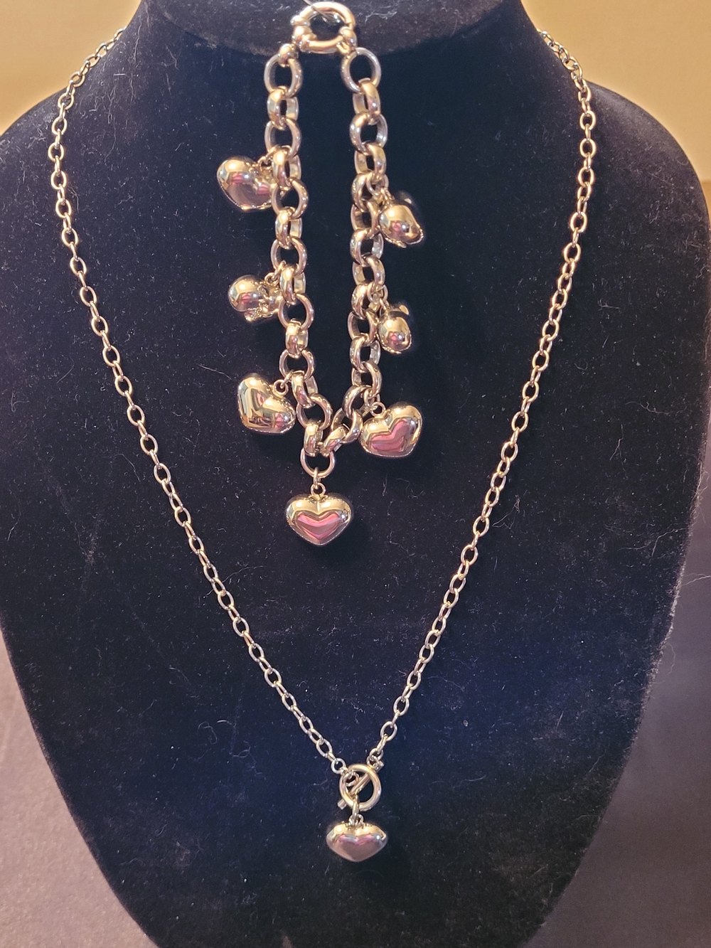 Steel By Design Puff Heart Charm Bracelet And Necklace Set Stainless Steel